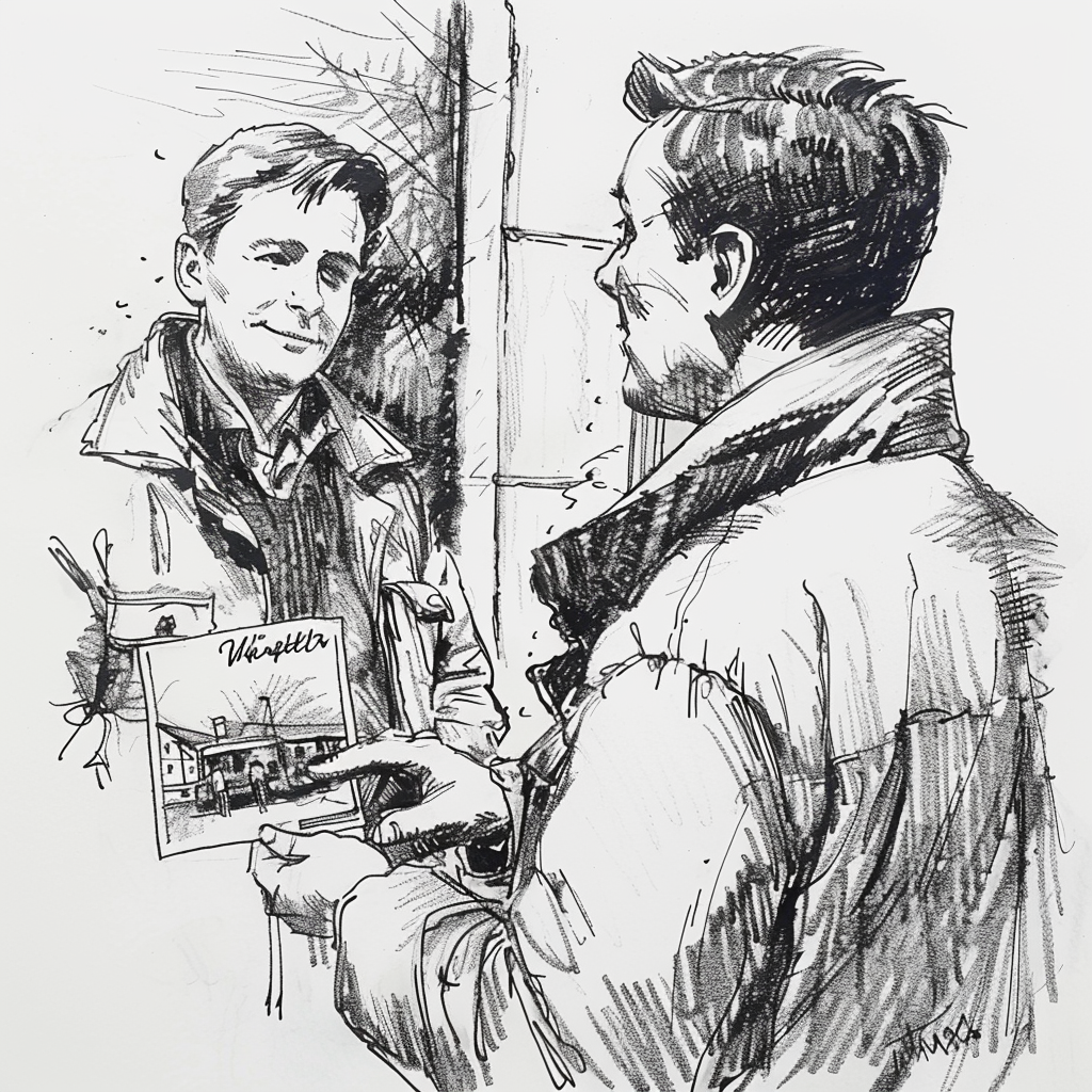 Drawn script sketch, in the Beginn of the 1980s in Germany, black and white, a man holding a postcard from Wuppertal