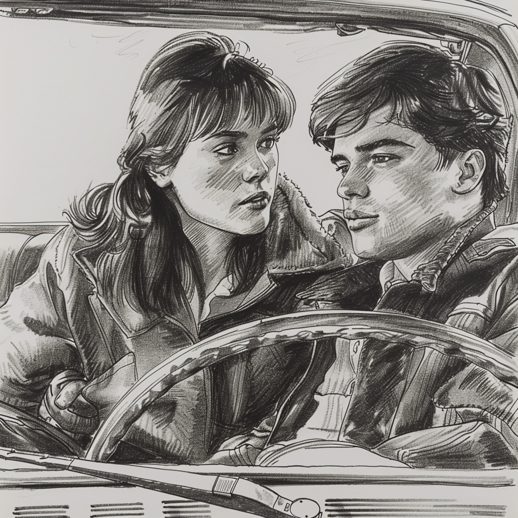 Drawn script sketch, in the Middle of the 1970s in Eastern Germany, black and white, Young couple sitting in a car