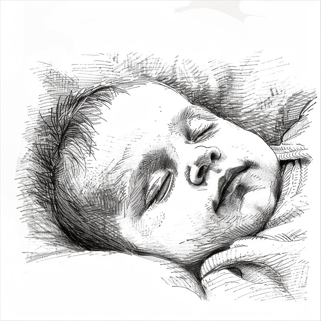 Drawn script sketch, in Germany, black and white, a newborn child