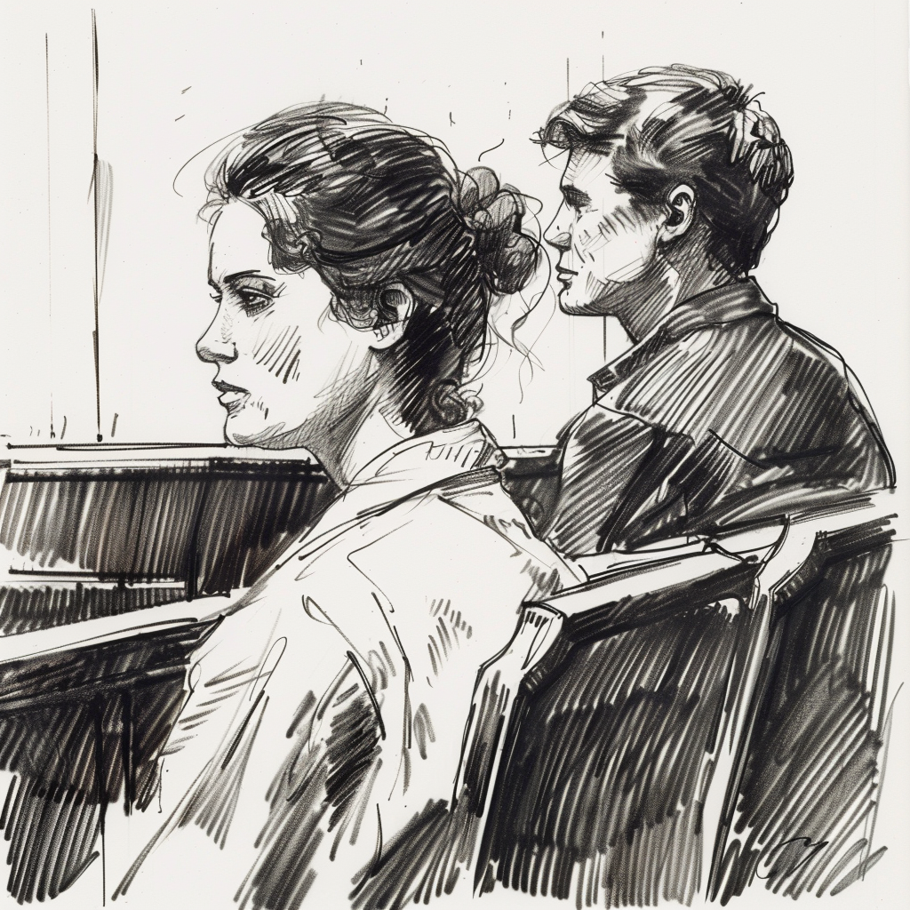 Drawn script sketch, in the Beginn of the 1980s in Eastern Germany, black and white, Young couple in court before a judge because of their divorce