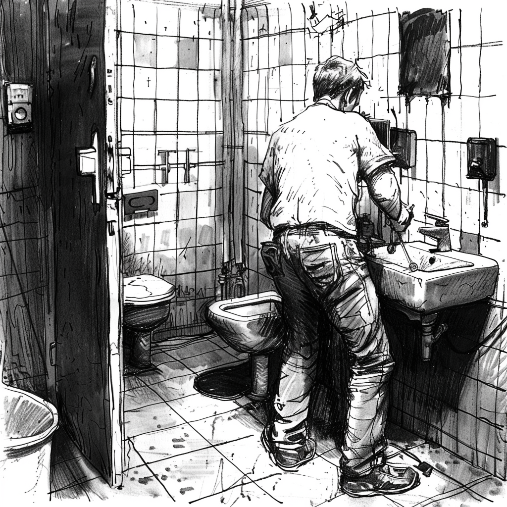 Drawn script sketch, in the Beginn of the 1980s in Eastern Germany, black and white, a craftsman works in a dirty restroom room