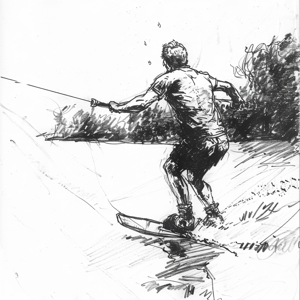 Drawn script sketch, in the Beginn of the 1980s in Eastern Germany, black and white, Waterskiing on a small lake
